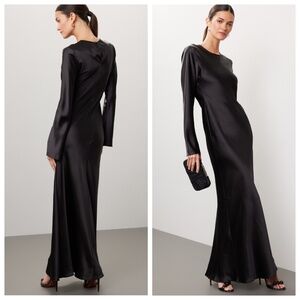 Delfi Collective Black Satin Long Sleeve Maxi Gown Open Back Dress - Size Small